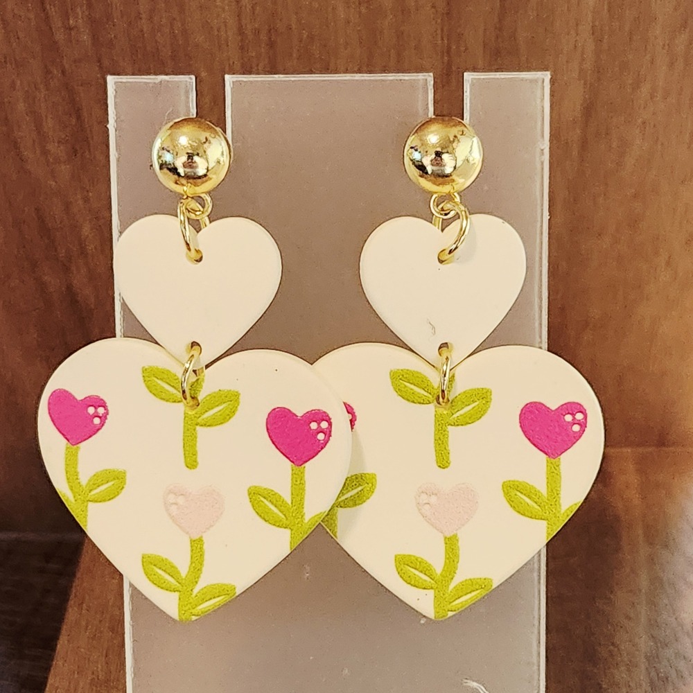 White Double Heart Floral Drop Earrings Pink Flower Gold Stud Statement Jewelry